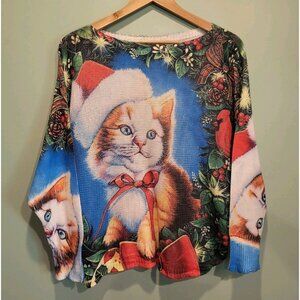 Christmas Cat Loose Knit Long Dolman Sleeve Sweater Yolly Italy Sz S/M